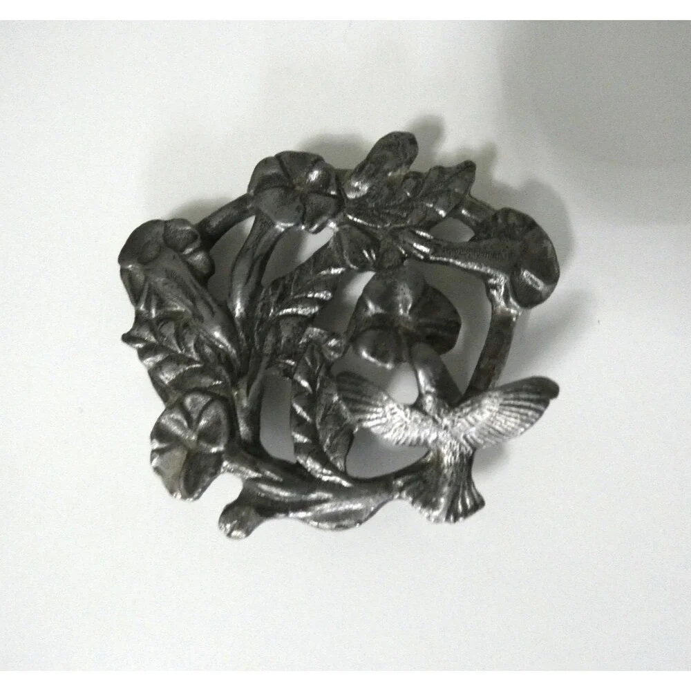 VTG Metzke 1986 Hummingbird Floral Ornate Pewter Small Trivet Paperweight 2.5